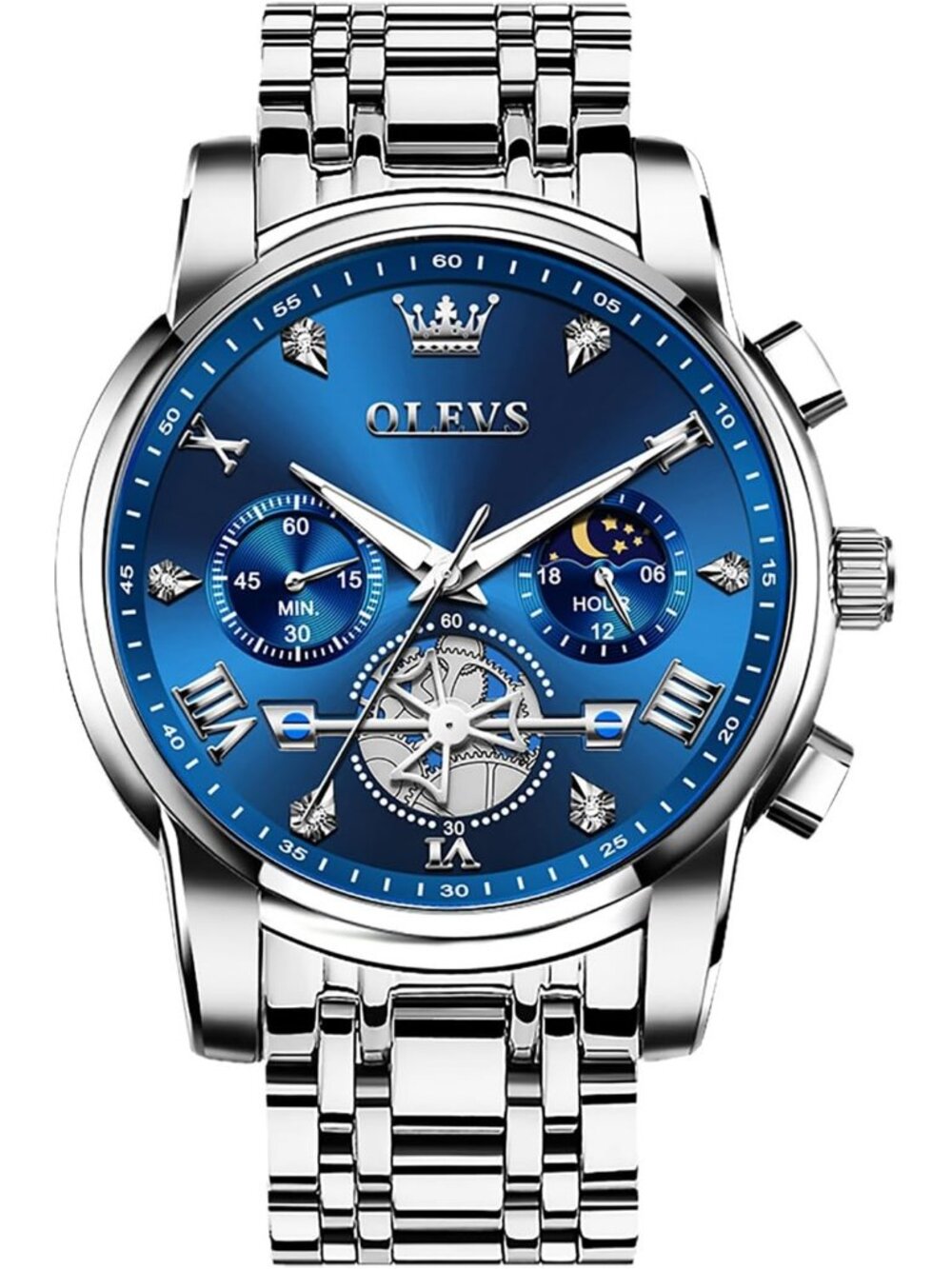 Men's Blue / Silver Stainless Steel Chronograph Waterproof Quartz Dress Watch